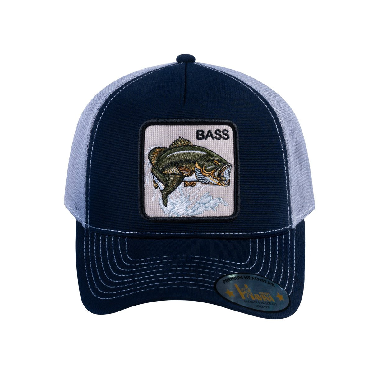 Unisex V2 Embroidered The Bass, 5-Panel Trucker Hat, Navy/Light Grey, Adjustable Fit