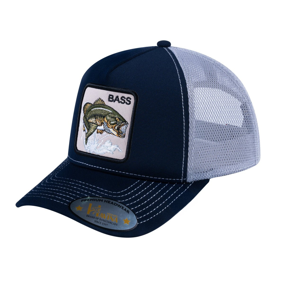 Unisex V2 Embroidered The Bass, 5-Panel Trucker Hat, Navy/Light Grey, Adjustable Fit