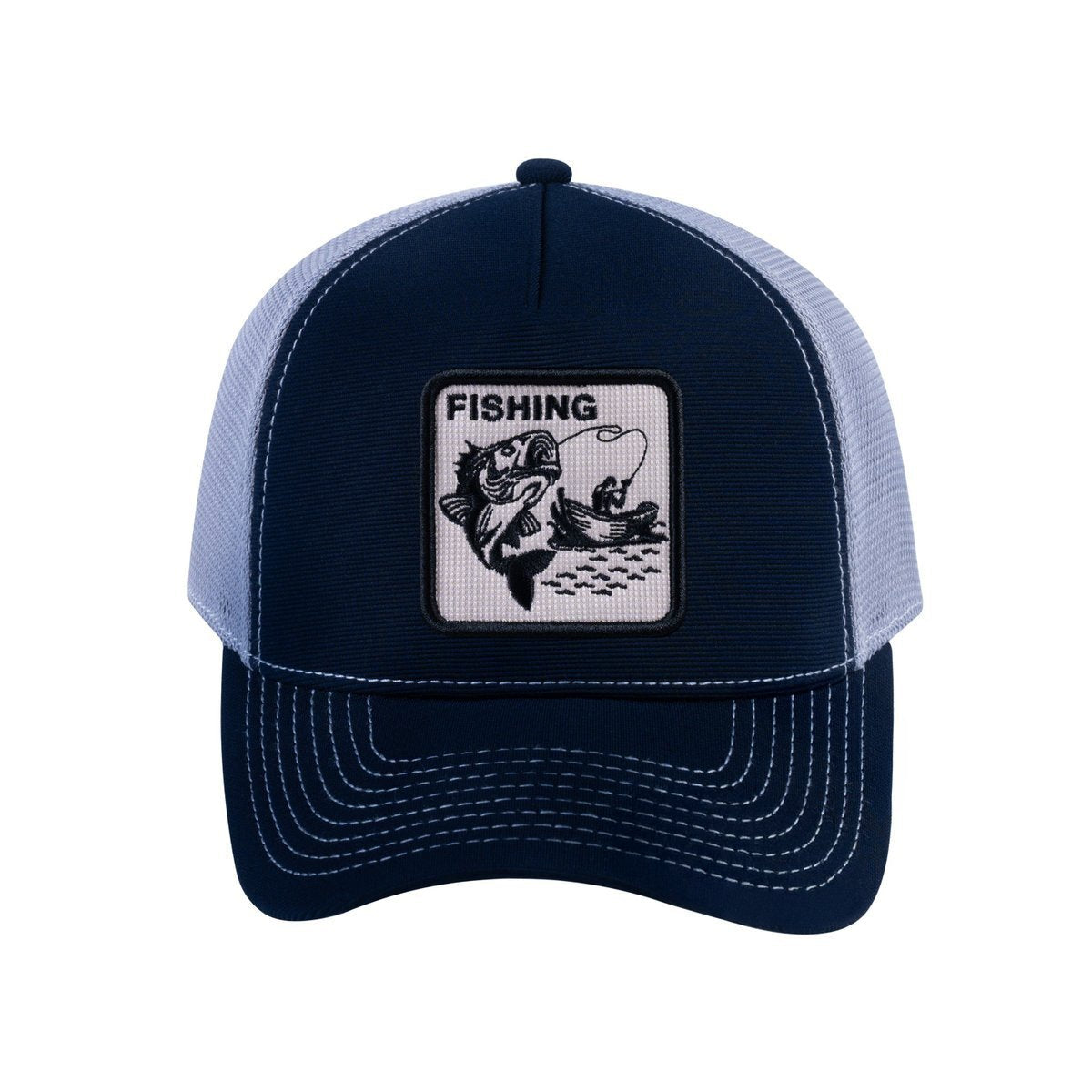 Unisex V2 Embroidered The Fishing, 5-Panel Trucker Hat, Navy/Light Grey, Adjustable Fit