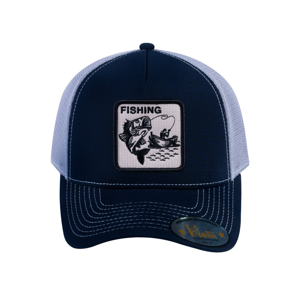 Unisex V2 Embroidered The Fishing, 5-Panel Trucker Hat, Navy/Light Grey, Adjustable Fit