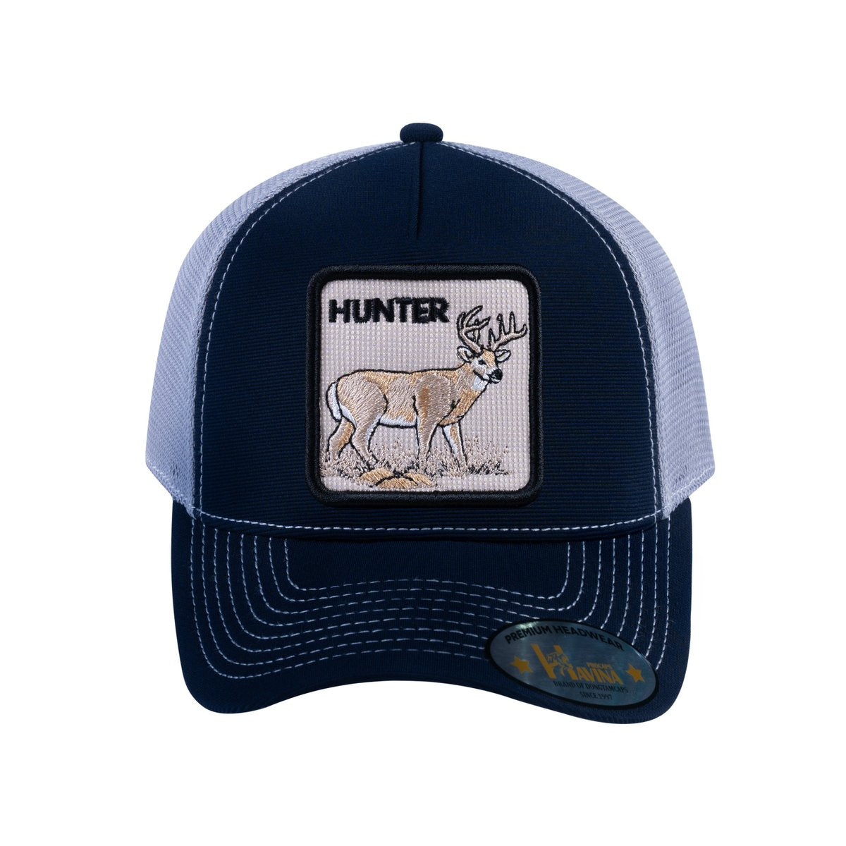 Unisex V2 Embroidered The Hunter, 5-Panel Trucker Hat, Navy/Light Grey, Adjustable Fit