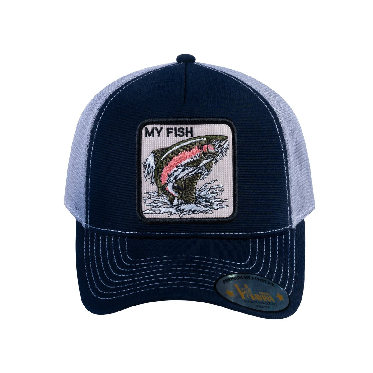 Unisex V2 Embroidered The Salmon, 5-Panel Trucker Hat, Navy/Light Grey, Adjustable Fit