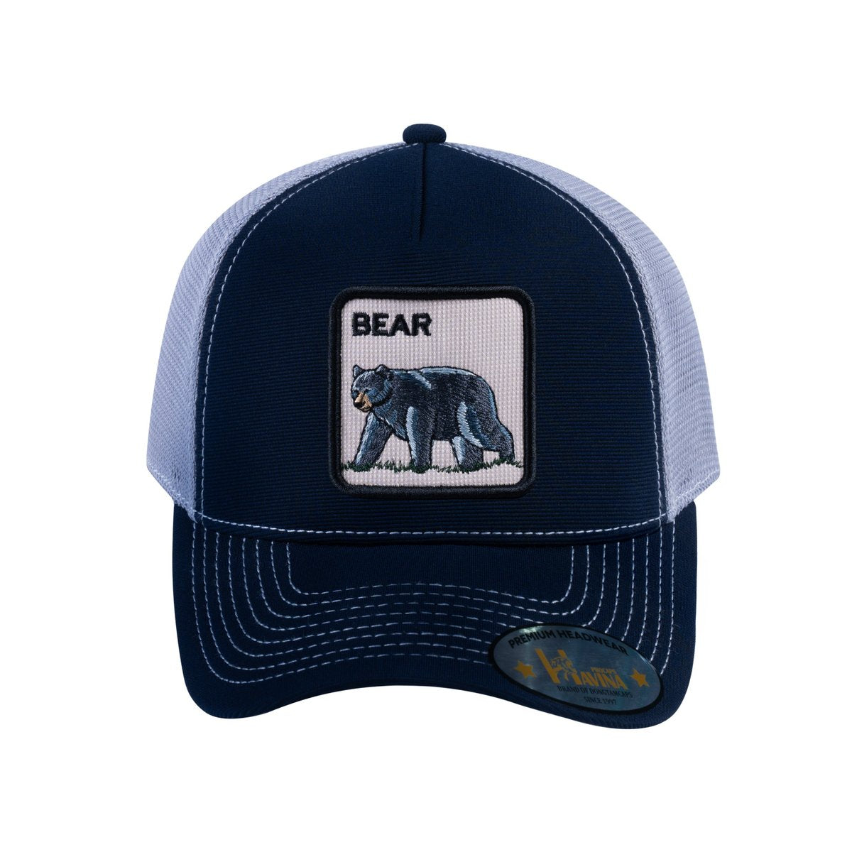 Unisex V2 Embroidered The Bear V2, 5-Panel Trucker Hat, Navy/Light Grey, Adjustable Fit