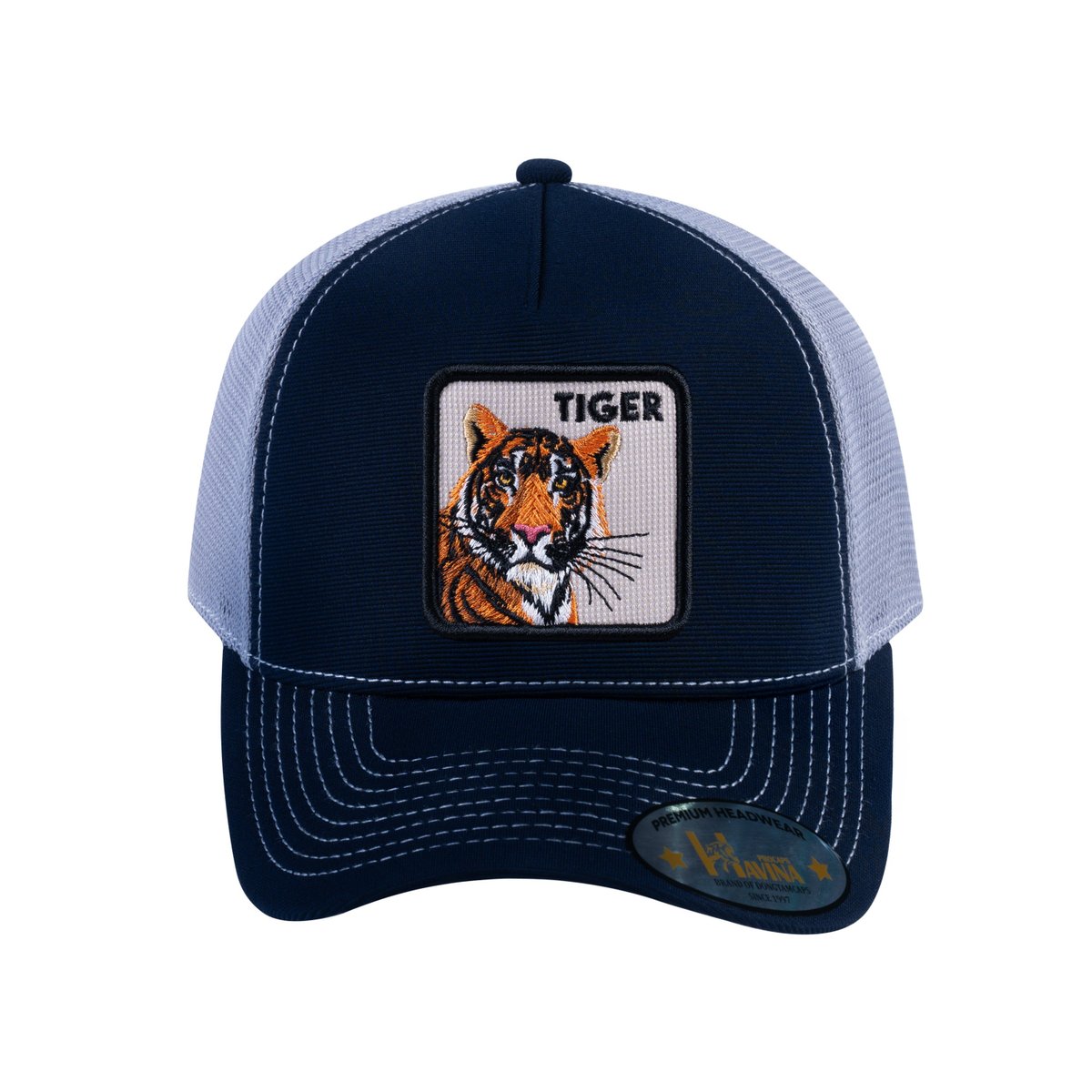 Unisex V2 Embroidered The Tiger, 5-Panel Trucker Hat, Navy/Light Grey, Adjustable Fit