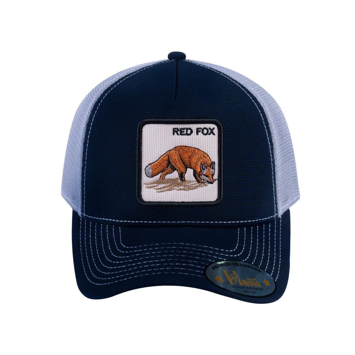 Unisex V2 Embroidered The Red Fox, 5-Panel Trucker Hat, Navy/Light Grey, Adjustable Fit