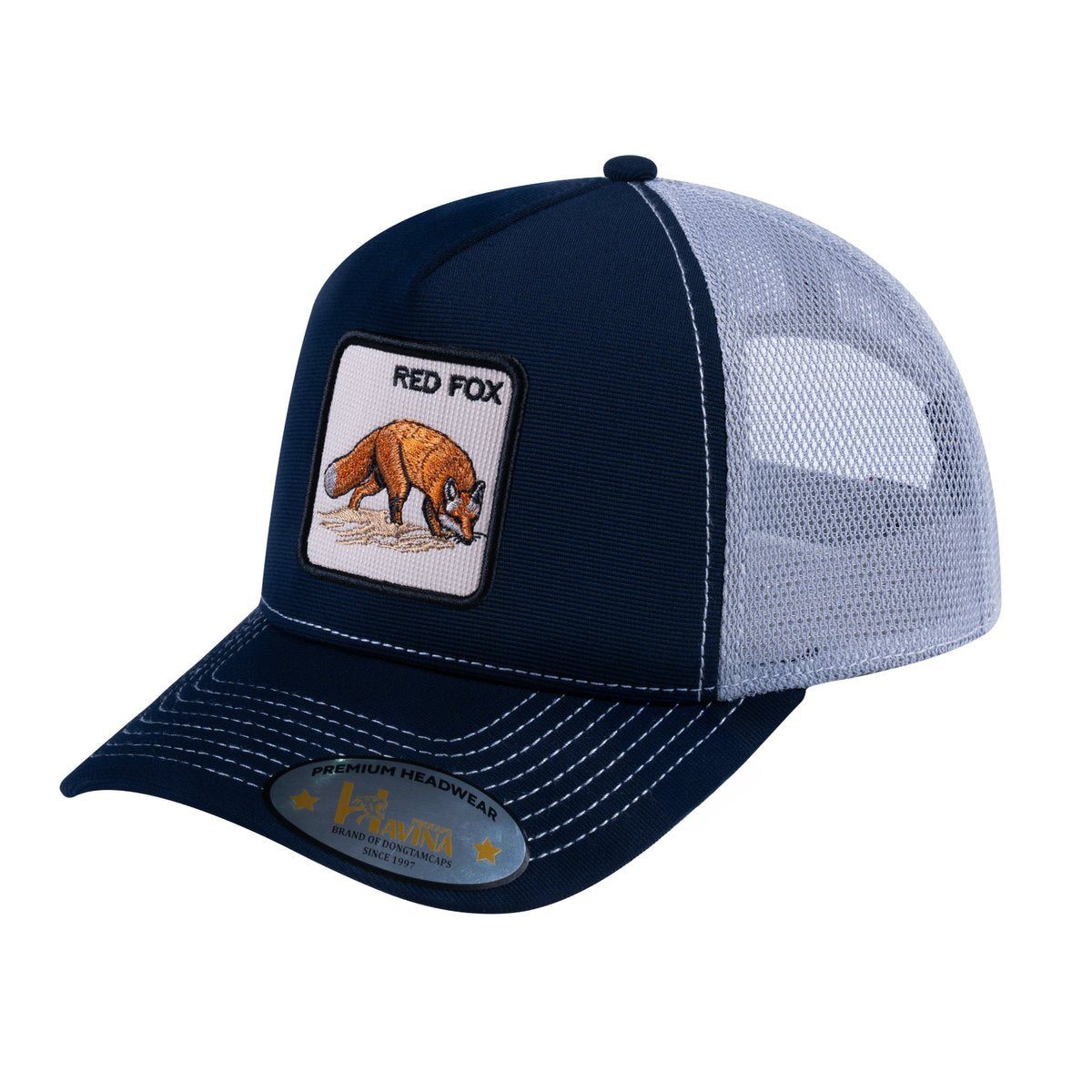 Unisex V2 Embroidered The Red Fox, 5-Panel Trucker Hat, Navy/Light Grey, Adjustable Fit
