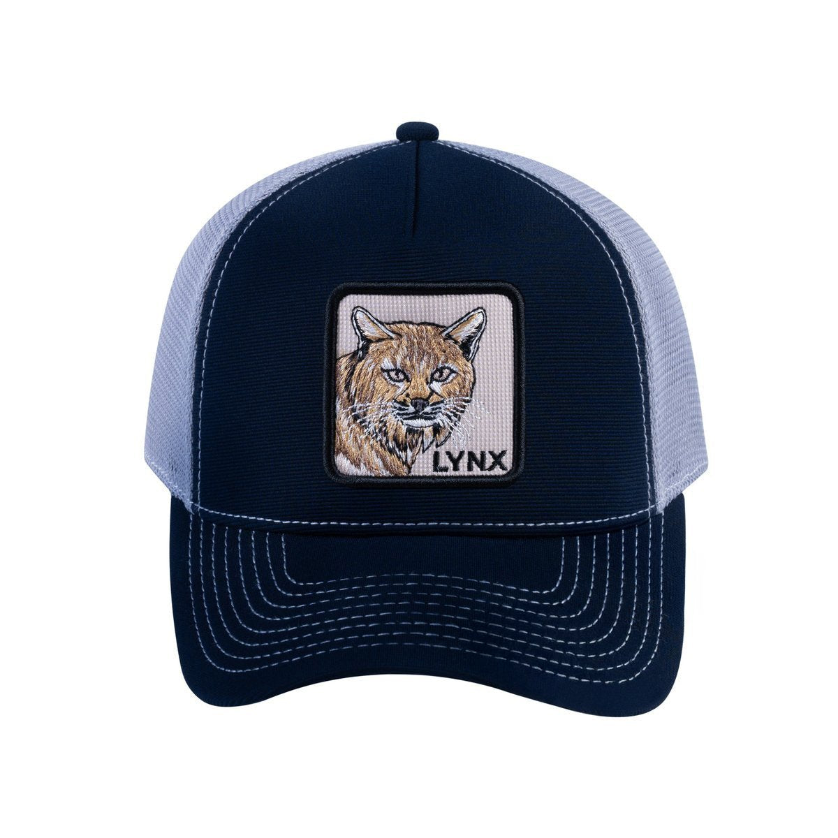 Unisex V2 Embroidered The Lynx, 5-Panel Trucker Hat, Navy/Light Grey, Adjustable Fit