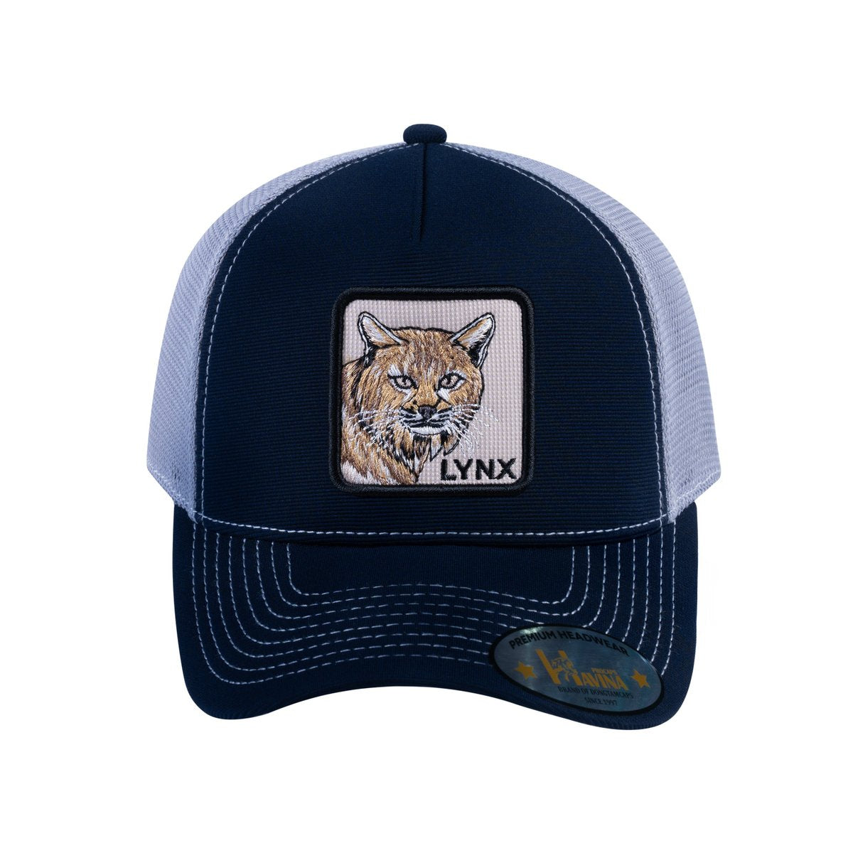 Unisex V2 Embroidered The Lynx, 5-Panel Trucker Hat, Navy/Light Grey, Adjustable Fit