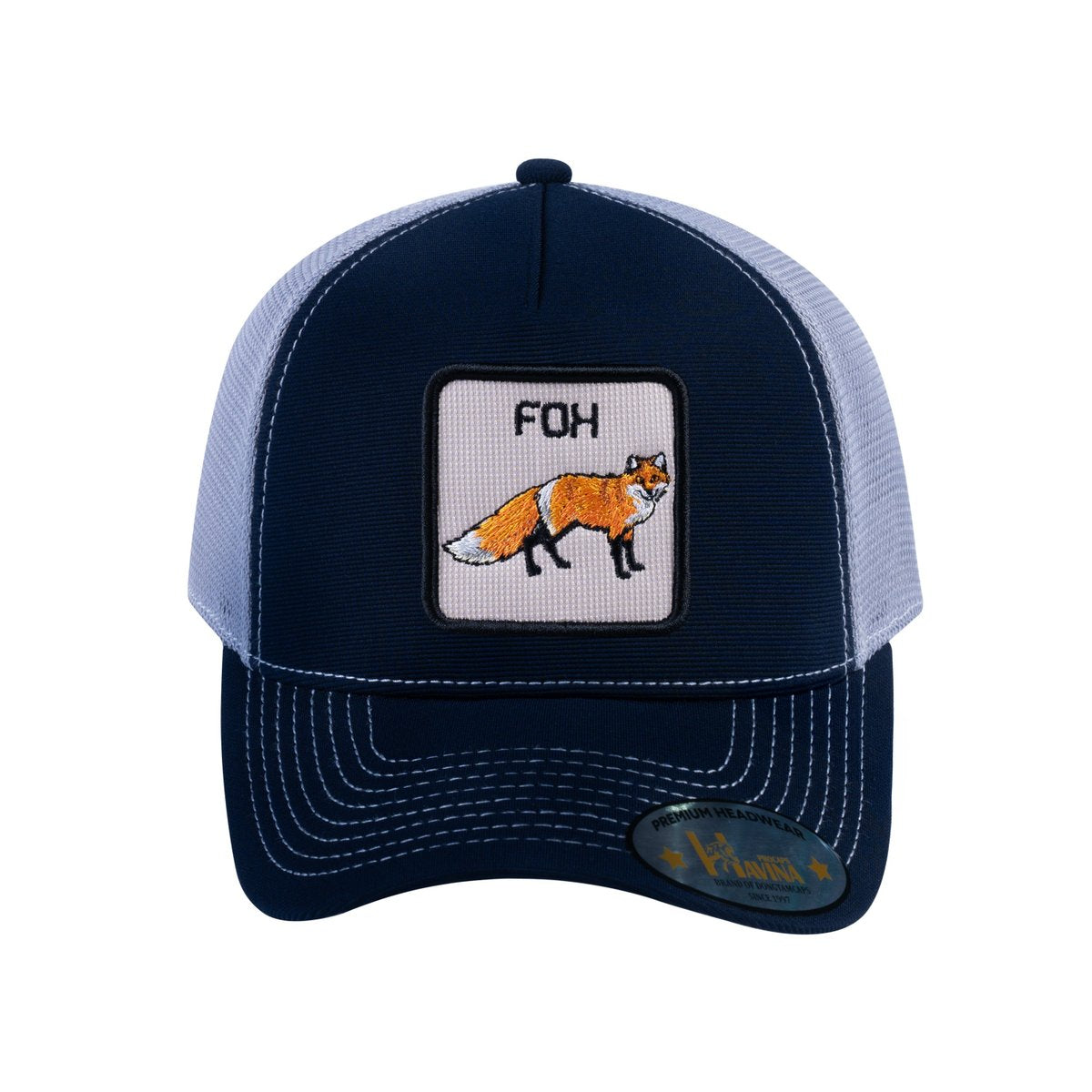 Unisex V2 Embroidered The Fox, 5-Panel Trucker Hat, Navy/Light Grey, Adjustable Fit