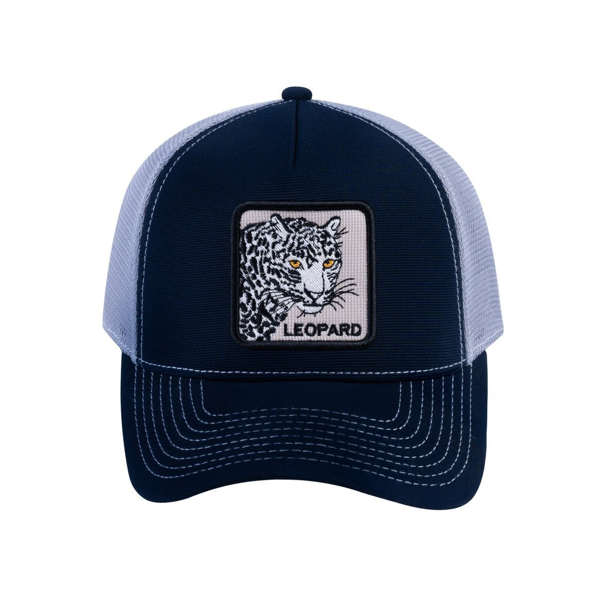 Unisex V2 Embroidered The Leopard, 5-Panel Trucker Hat, Navy/Light Grey, Adjustable Fit