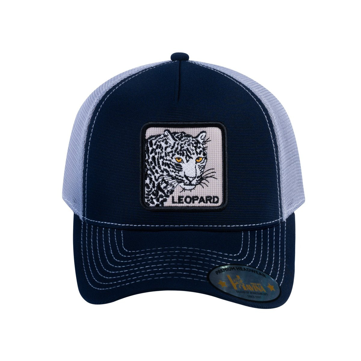 Unisex V2 Embroidered The Leopard, 5-Panel Trucker Hat, Navy/Light Grey, Adjustable Fit