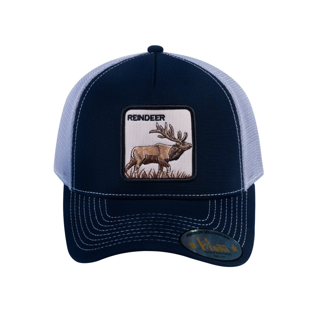 Unisex V2 Embroidered The Reindeer, 5-Panel Trucker Hat, Navy/Light Grey, Adjustable Fit