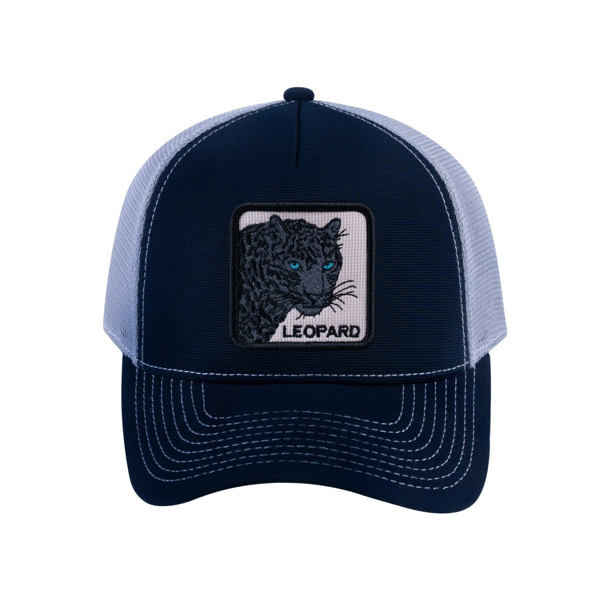 Unisex V2 Embroidered The Leopard V2, 5-Panel Trucker Hat, Navy/Light Grey, Adjustable Fit