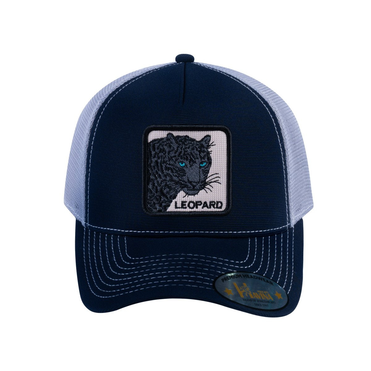 Unisex V2 Embroidered The Leopard V2, 5-Panel Trucker Hat, Navy/Light Grey, Adjustable Fit