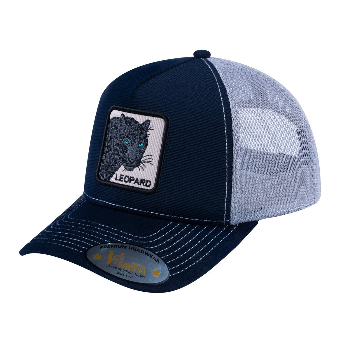 Unisex V2 Embroidered The Leopard V2, 5-Panel Trucker Hat, Navy/Light Grey, Adjustable Fit