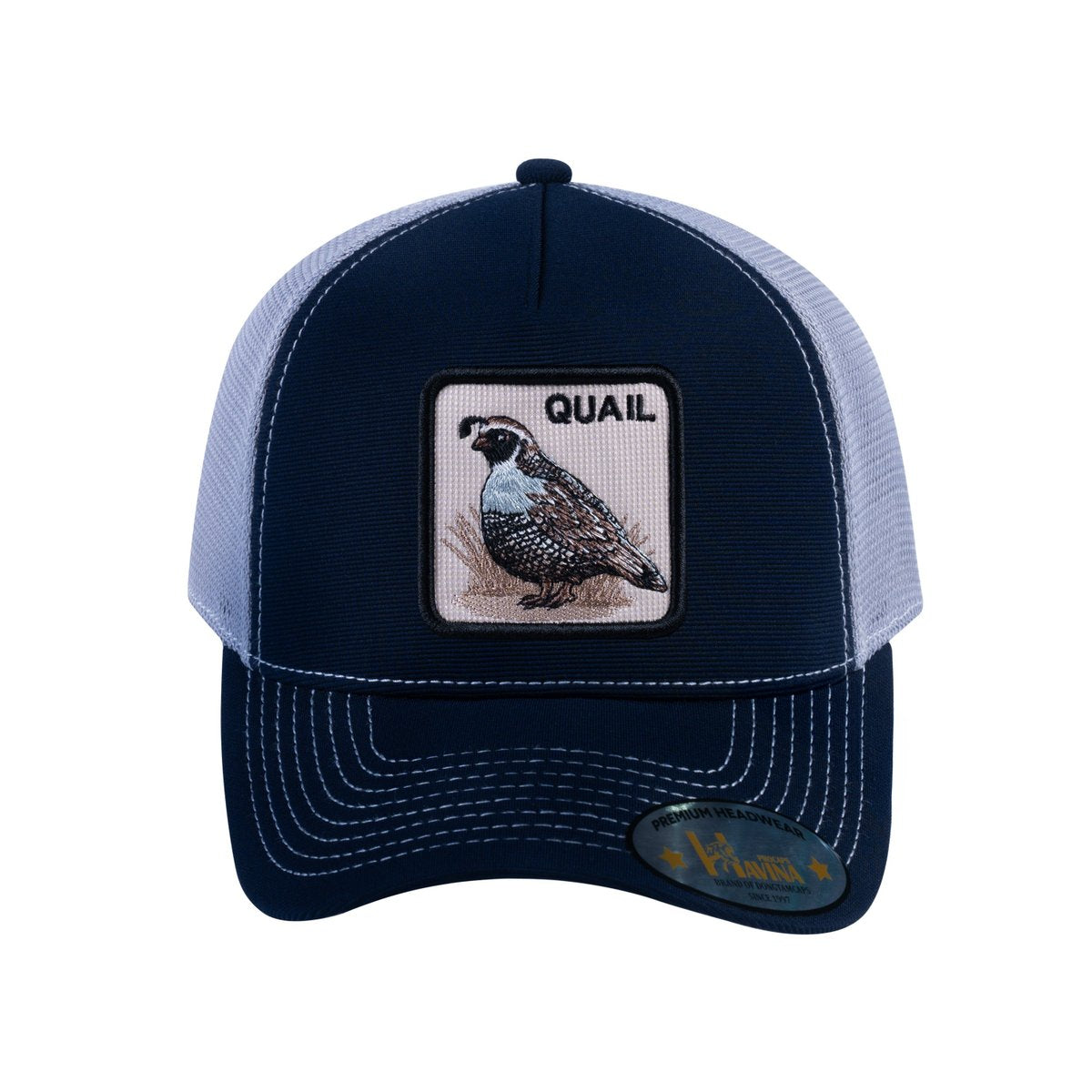 Unisex V2 Embroidered The Quail, 5-Panel Trucker Hat, Navy/Light Grey, Adjustable Fit