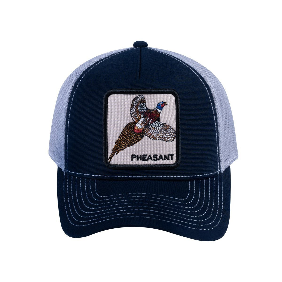 Unisex V2 Embroidered The Pheasant, 5-Panel Trucker Hat, Navy/Light Grey, Adjustable Fit