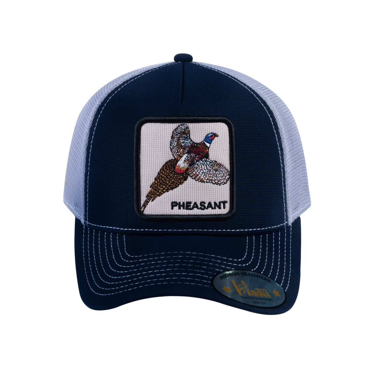 Unisex V2 Embroidered The Pheasant, 5-Panel Trucker Hat, Navy/Light Grey, Adjustable Fit