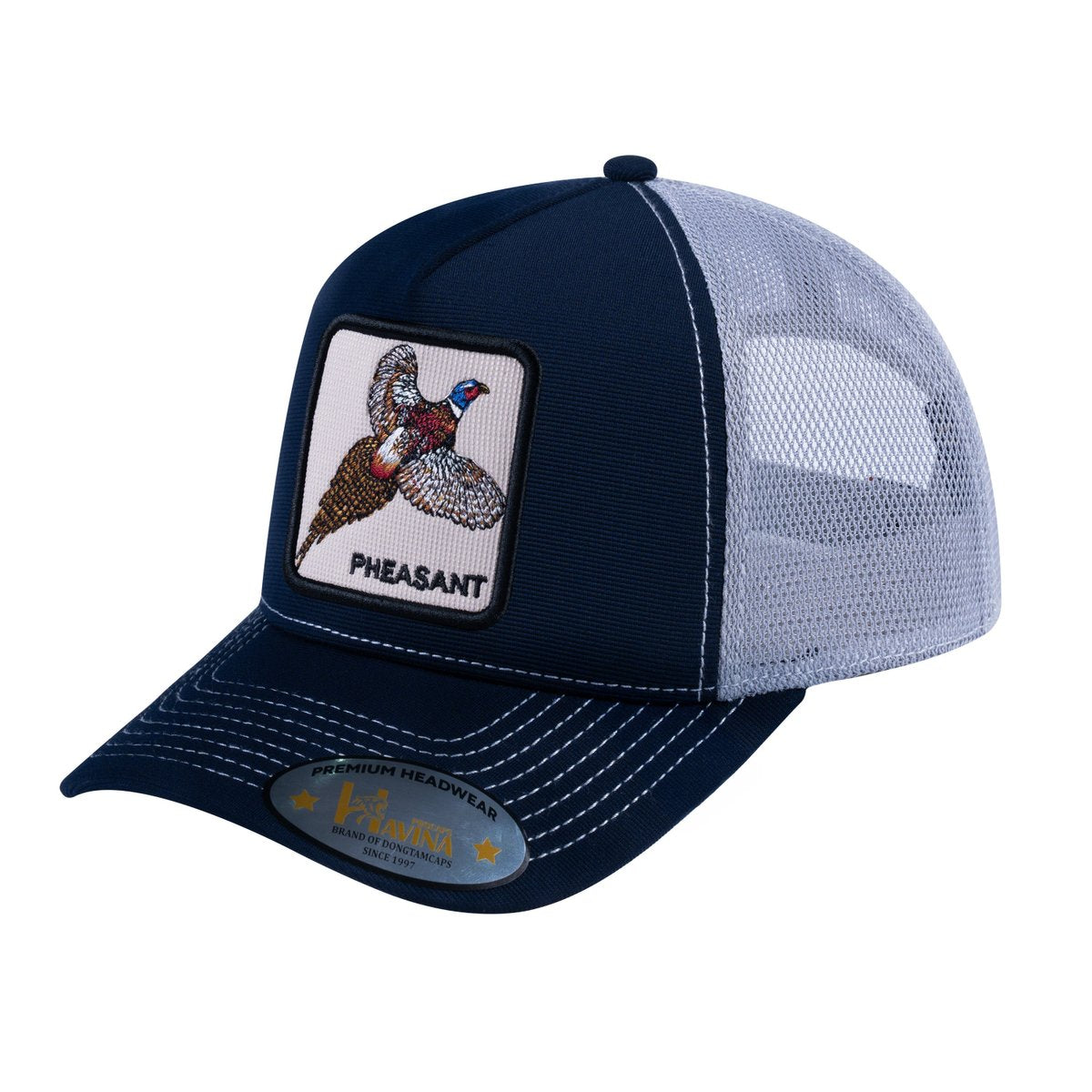 Unisex V2 Embroidered The Pheasant, 5-Panel Trucker Hat, Navy/Light Grey, Adjustable Fit