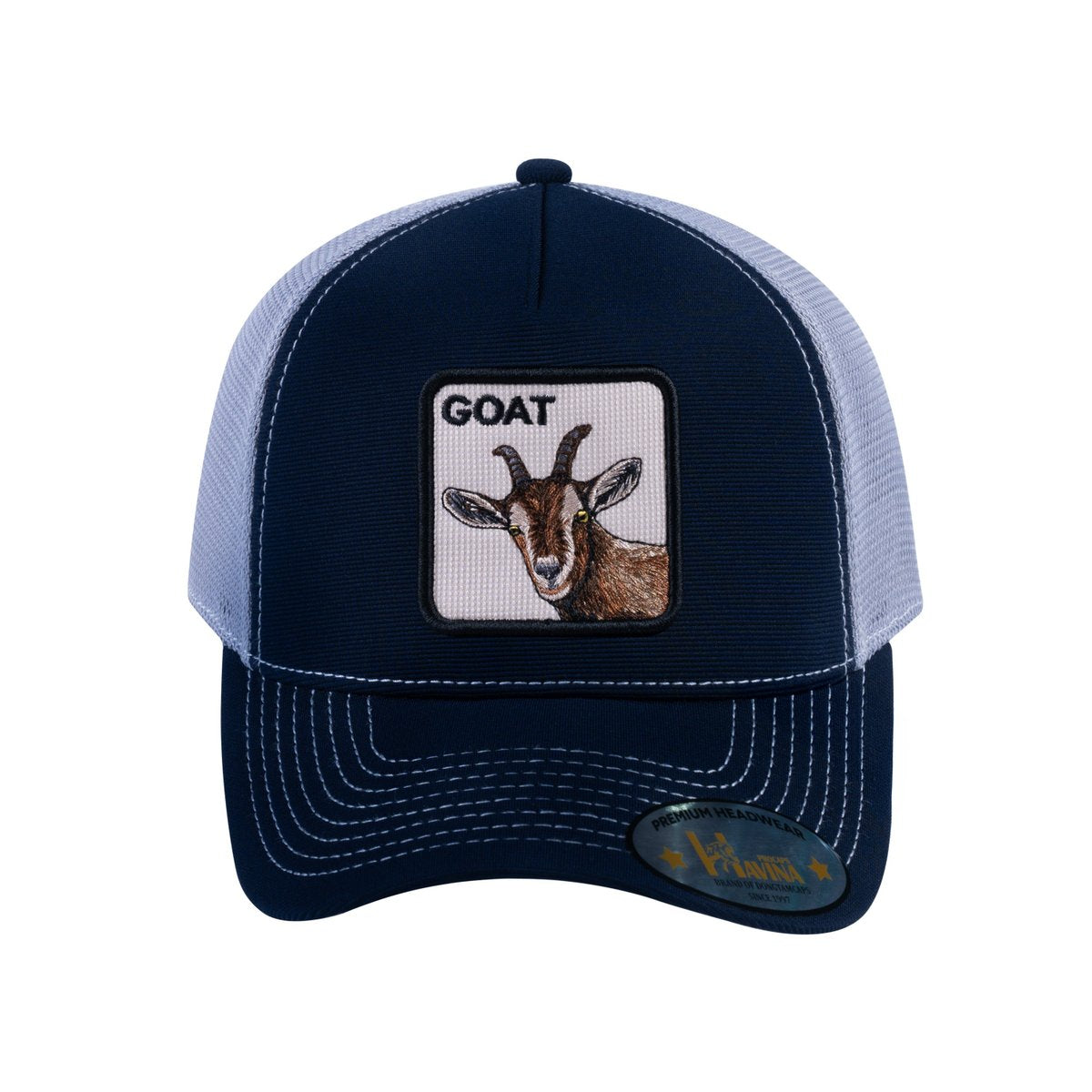 Unisex V2 Embroidered The Goat, 5-Panel Trucker Hat, Navy/Light Grey, Adjustable Fit
