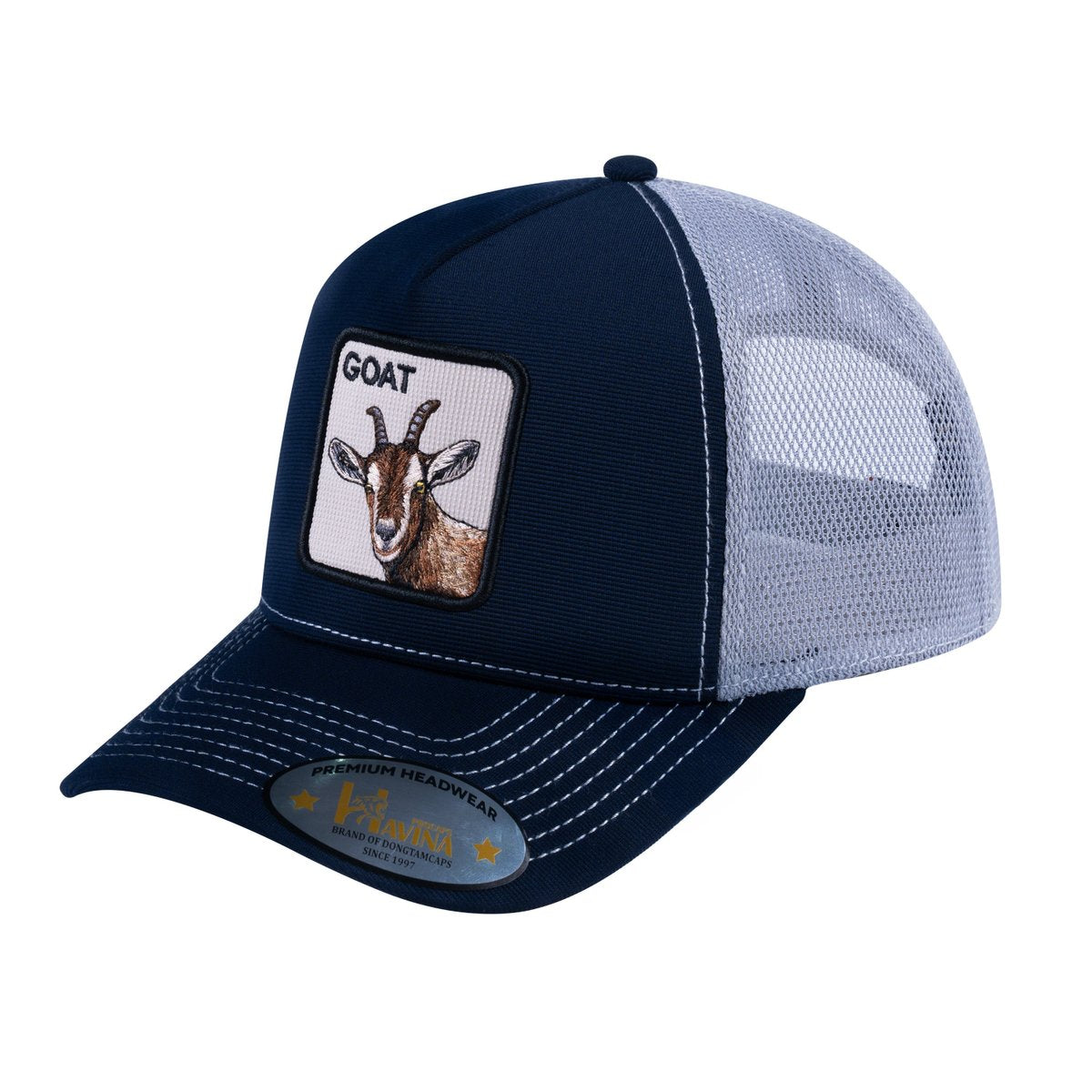 Unisex V2 Embroidered The Goat, 5-Panel Trucker Hat, Navy/Light Grey, Adjustable Fit