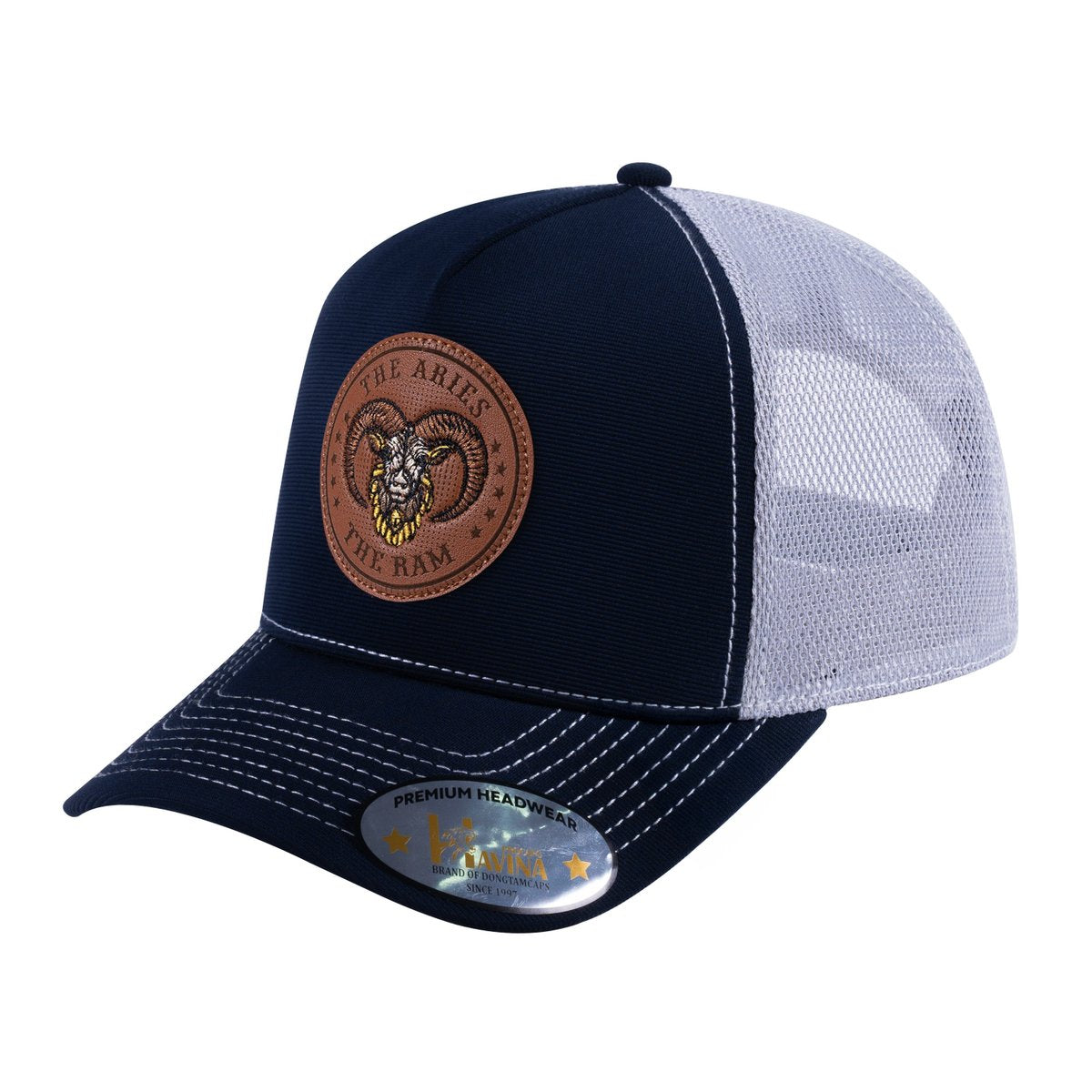 Unisex V2 Embroidered And Laser-Engraved Aries Zodiac (March 21, April 19), 5-Panel Trucker Hat, Navy/Light Grey, Adjustable Fit