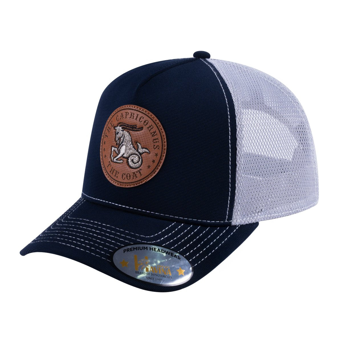 Unisex V2 Embroidered And Laser-Engraved Capricorn Zodiac (December 22, January 19), 5-Panel Trucker Hat, Navy/Light Grey, Adjustable Fit