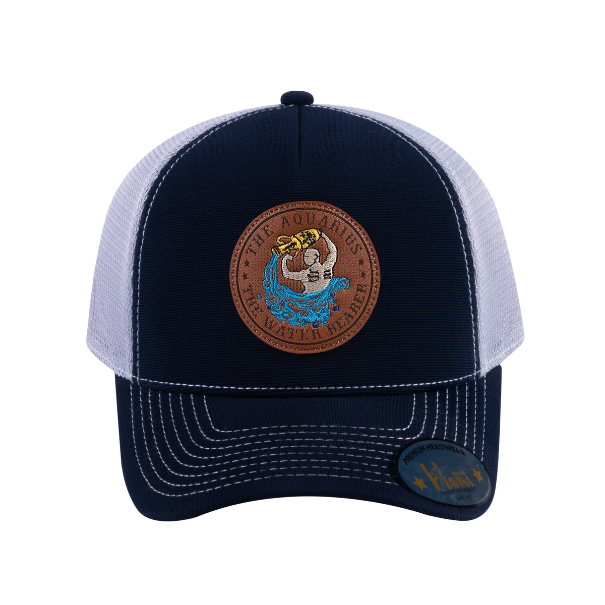 Unisex V2 Embroidered And Laser-Engraved Aquarius Zodiac (January 20, February 18), 5-Panel Trucker Hat, Navy/Light Grey, Adjustable Fit