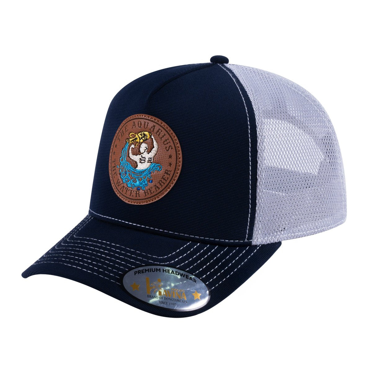 Unisex V2 Embroidered And Laser-Engraved Aquarius Zodiac (January 20, February 18), 5-Panel Trucker Hat, Navy/Light Grey, Adjustable Fit