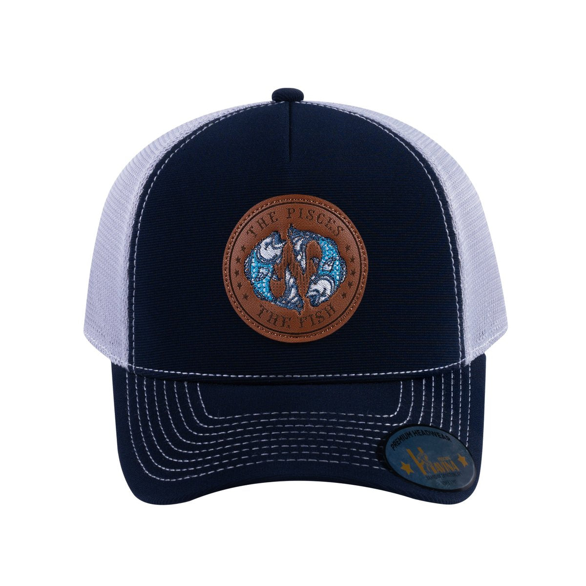 Unisex V2 Embroidered And Laser-Engraved Pisces Zodiac (February 19, March 20), 5-Panel Trucker Hat, Navy/Light Grey, Adjustable Fit