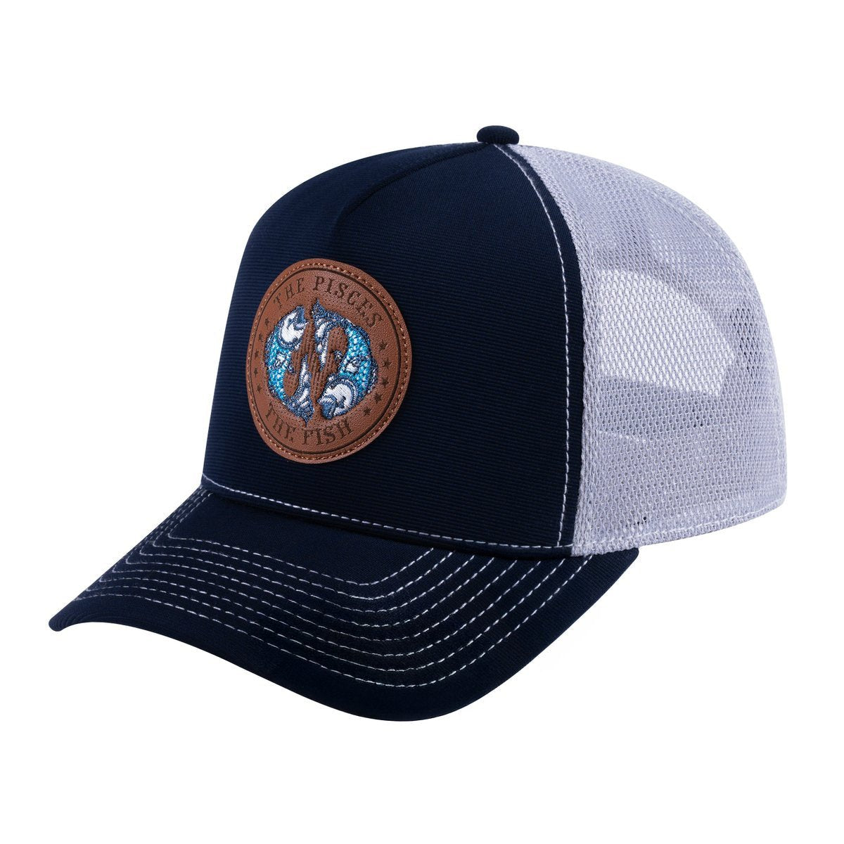 Unisex V2 Embroidered And Laser-Engraved Pisces Zodiac (February 19, March 20), 5-Panel Trucker Hat, Navy/Light Grey, Adjustable Fit