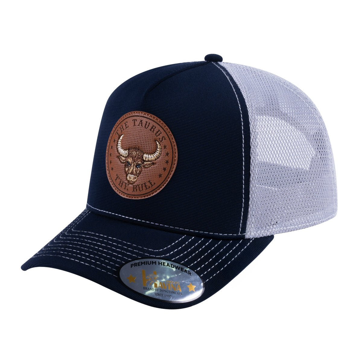 Unisex V2 Embroidered And Laser-Engraved Taurus Zodiac (April 20, May 20), 5-Panel Trucker Hat, Navy/Light Grey, Adjustable Fit