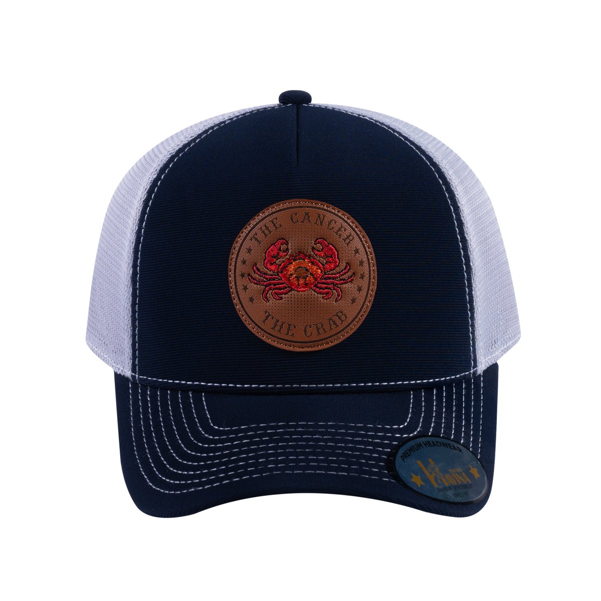 Unisex V2 Embroidered And Laser-Engraved Cancer Zodiac (June 21, July 22), 5-Panel Trucker Hat, Navy/Light Grey, Adjustable Fit