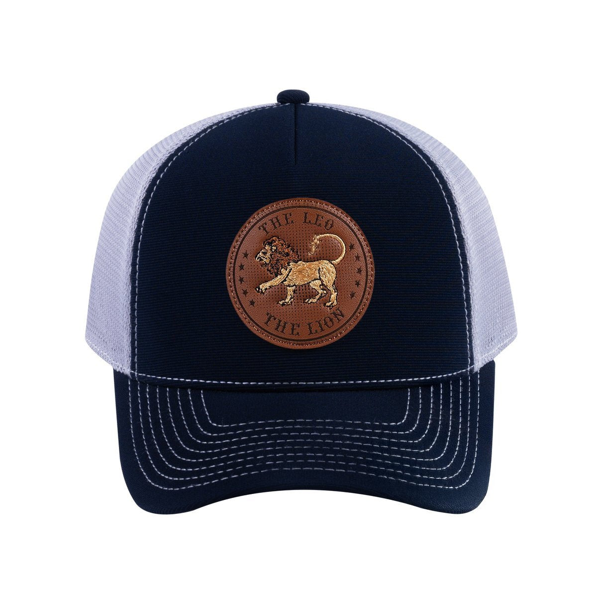 Unisex V2 Embroidered And Laser-Engraved Leo Zodiac (July 23, August 22), 5-Panel Trucker Hat, Navy/Light Grey, Adjustable Fit