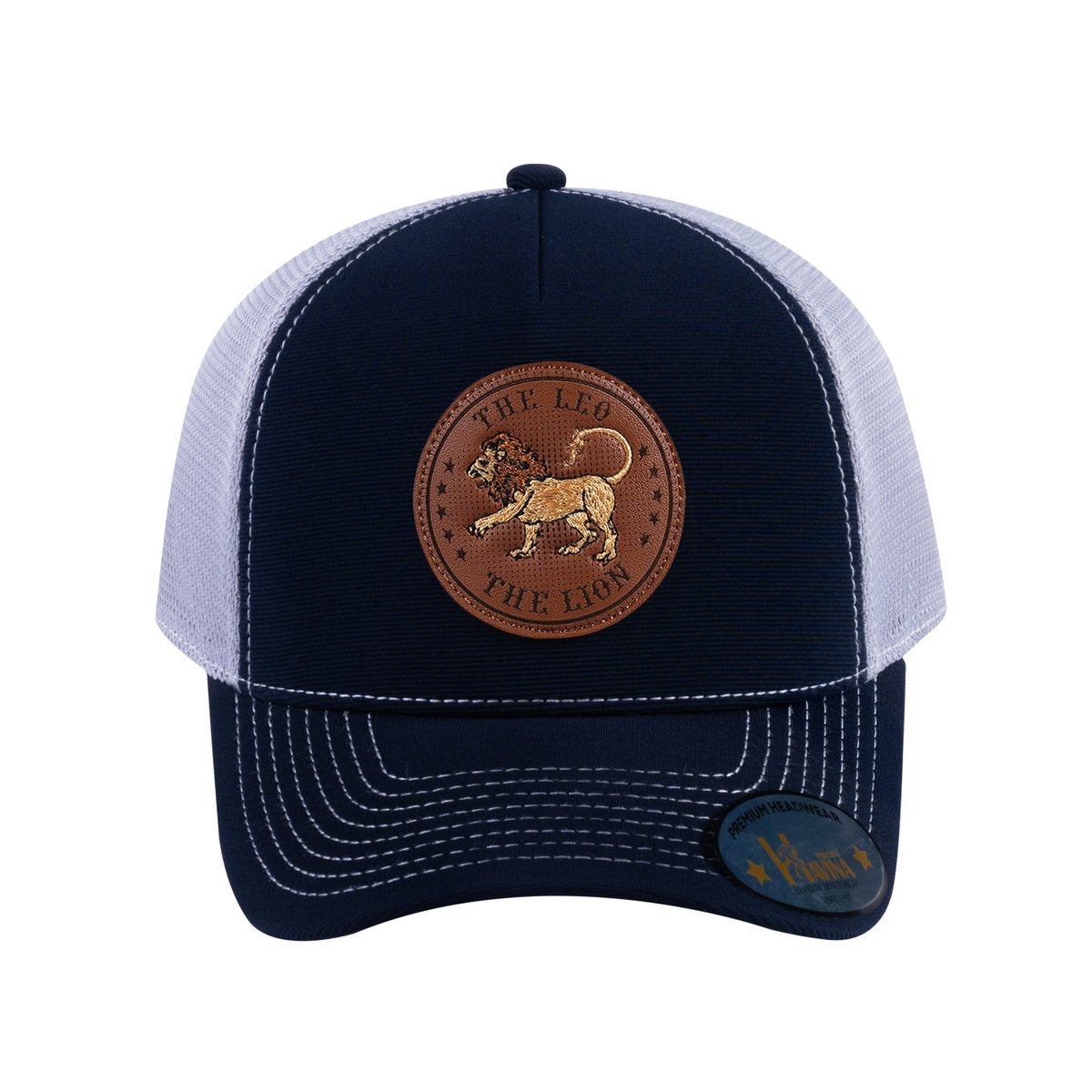 Unisex V2 Embroidered And Laser-Engraved Leo Zodiac (July 23, August 22), 5-Panel Trucker Hat, Navy/Light Grey, Adjustable Fit