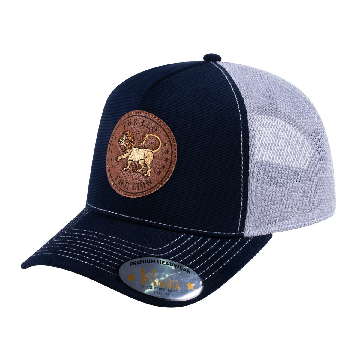 Unisex V2 Embroidered And Laser-Engraved Leo Zodiac (July 23, August 22), 5-Panel Trucker Hat, Navy/Light Grey, Adjustable Fit