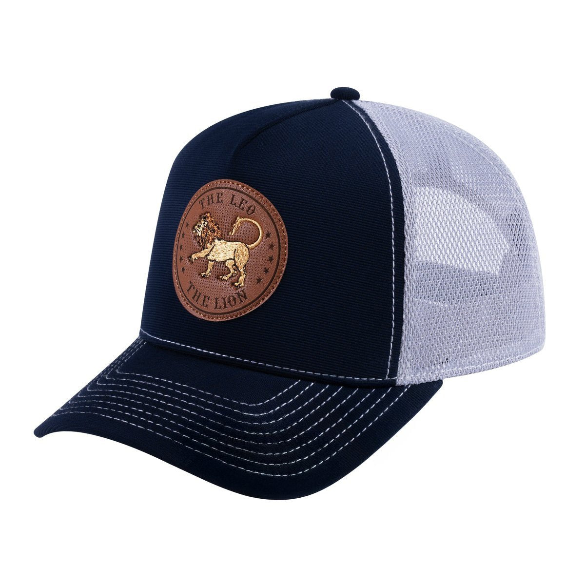 Unisex V2 Embroidered And Laser-Engraved Leo Zodiac (July 23, August 22), 5-Panel Trucker Hat, Navy/Light Grey, Adjustable Fit