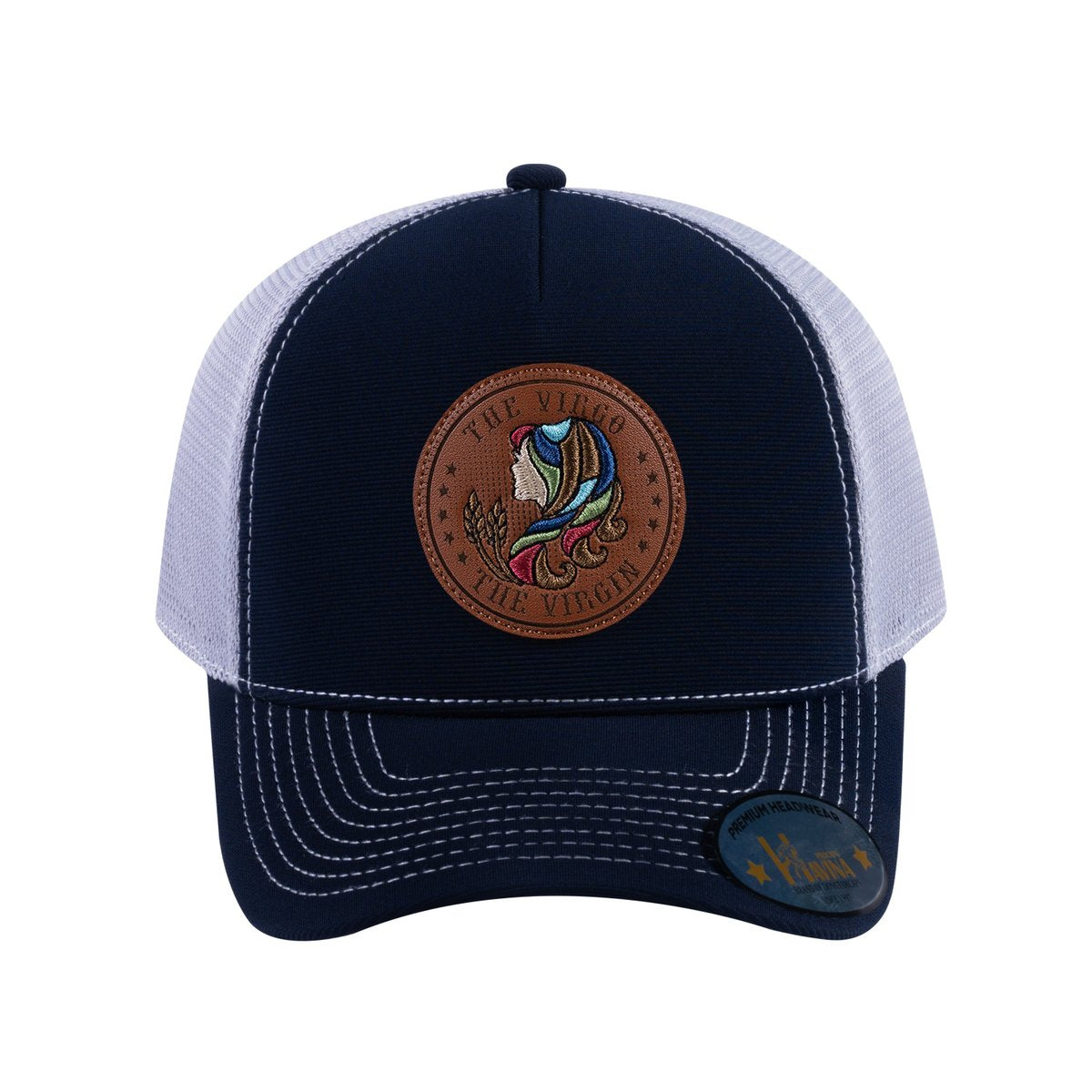 Unisex V2 Embroidered And Laser-Engraved Virgo Zodiac (August 23, September 22), 5-Panel Trucker Hat, Navy/Light Grey, Adjustable Fit