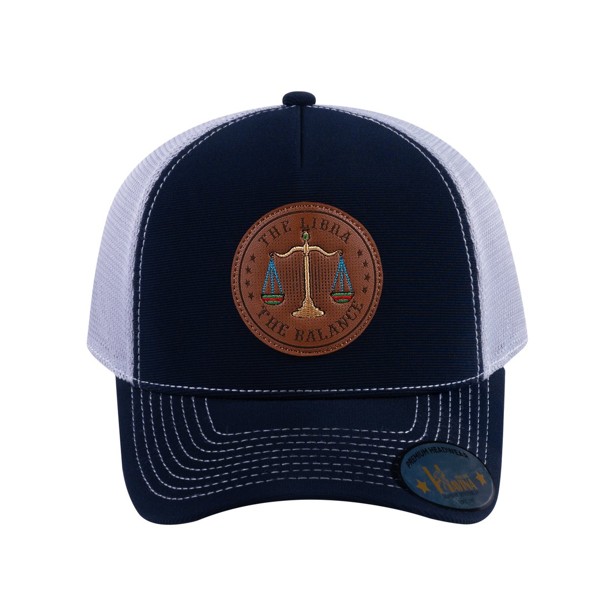 Unisex V2 Embroidered And Laser-Engraved Libra Zodiac (September 23, October 22), 5-Panel Trucker Hat, Navy/Light Grey, Adjustable Fit