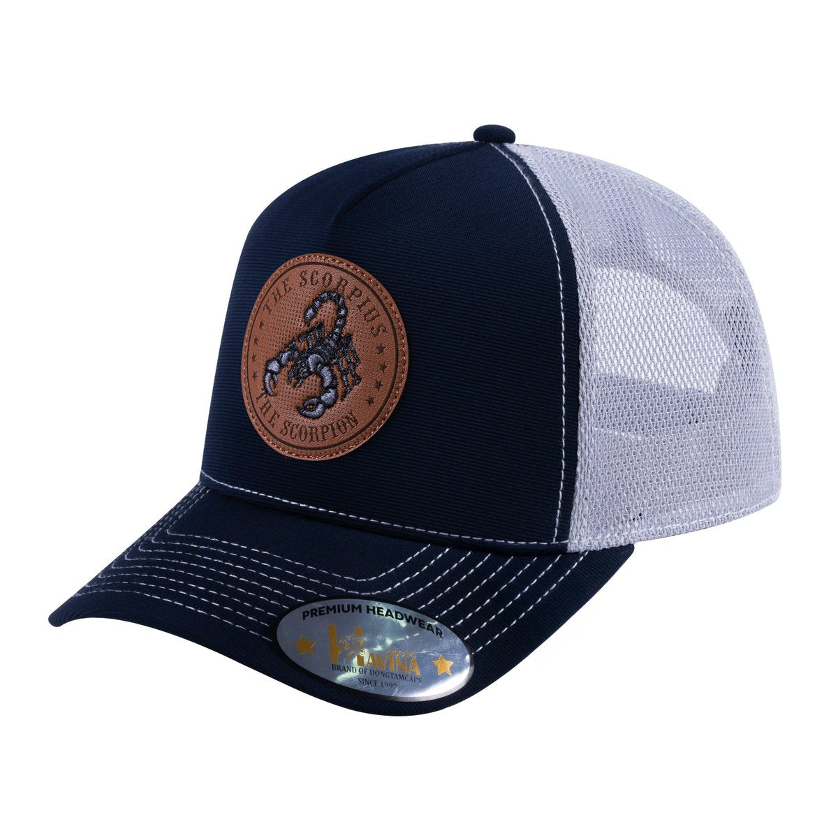 Unisex V2 Embroidered And Laser-Engraved Scorpius Zodiac (October 23, November 21), 5-Panel Trucker Hat, Navy/Light Grey, Adjustable Fit