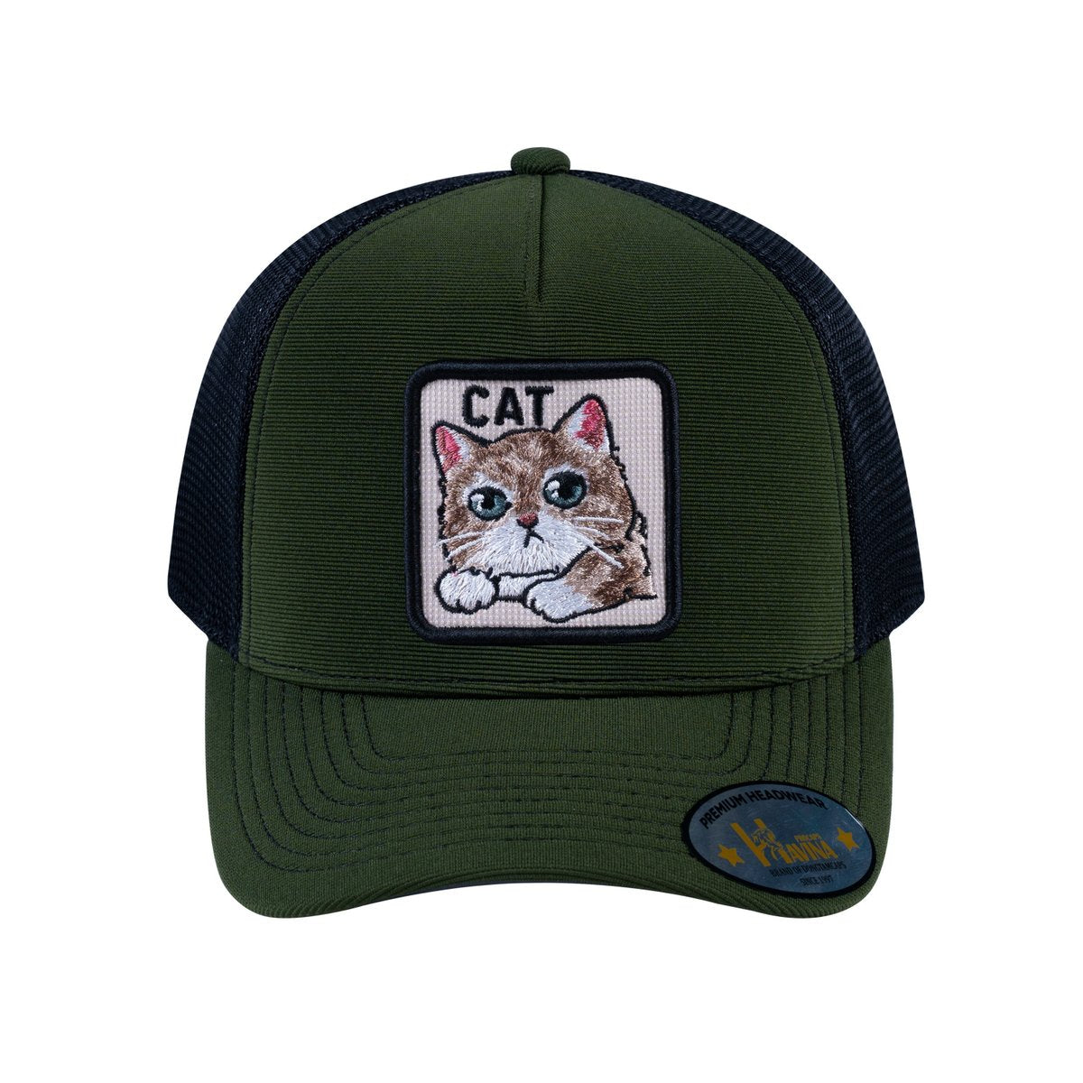 Unisex V2 Embroidered The Cat, 5-Panel Trucker Hat, Olive/Black, Adjustable Fit