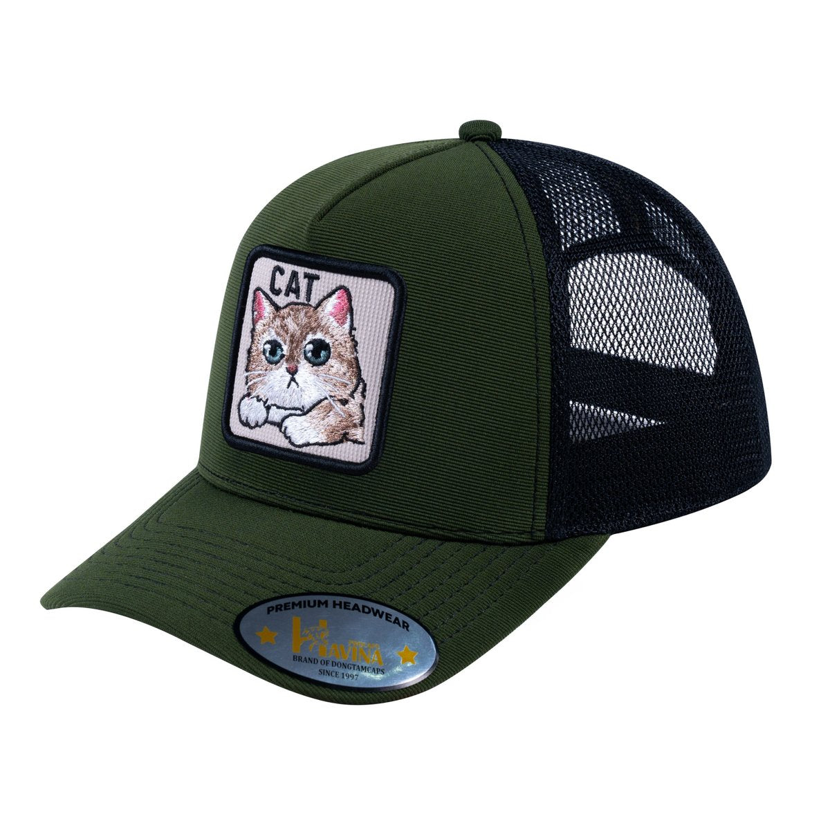 Unisex V2 Embroidered The Cat, 5-Panel Trucker Hat, Olive/Black, Adjustable Fit