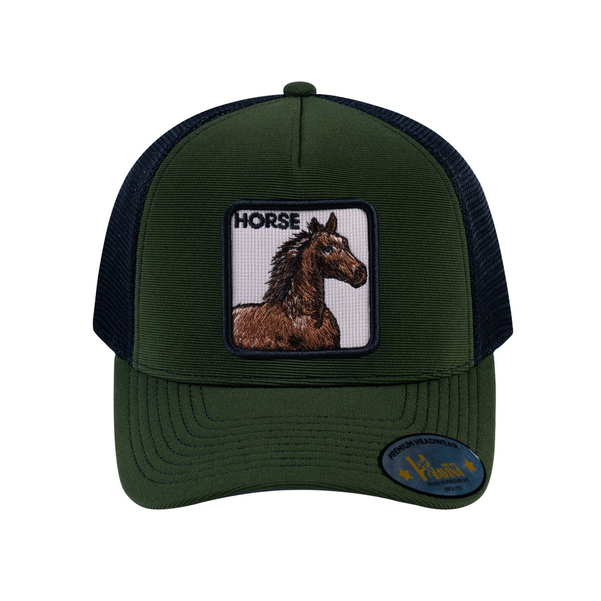 Unisex V2 Embroidered The Horse, 5-Panel Trucker Hat, Olive/Black, Adjustable Fit