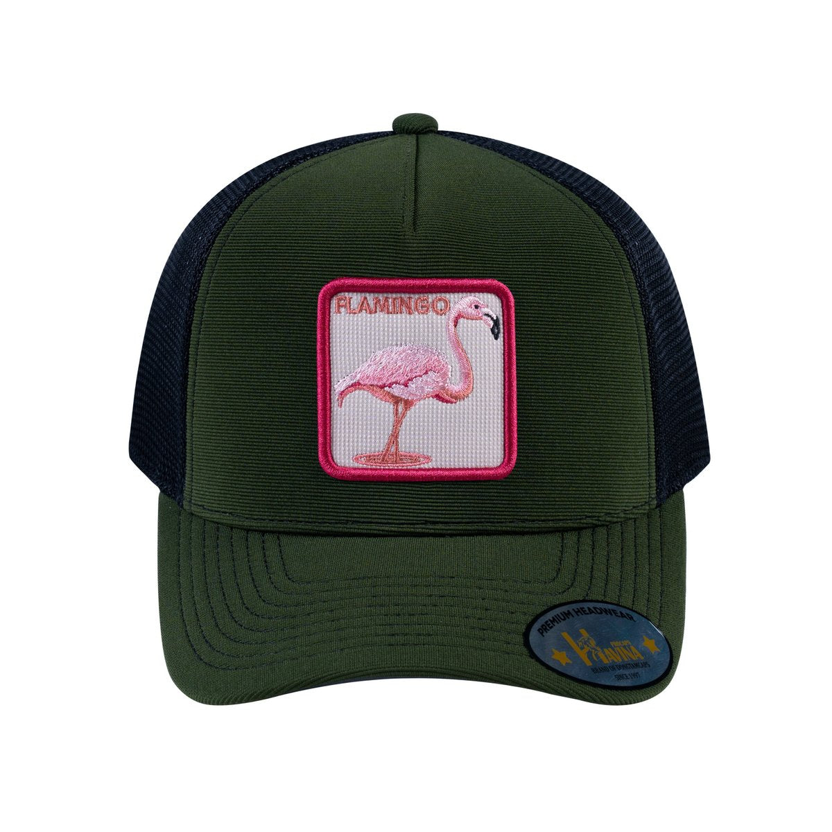Unisex V2 Embroidered The Flamingo, 5-Panel Trucker Hat, Olive/Black, Adjustable Fit