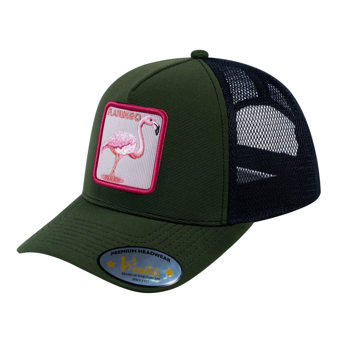 Unisex V2 Embroidered The Flamingo, 5-Panel Trucker Hat, Olive/Black, Adjustable Fit