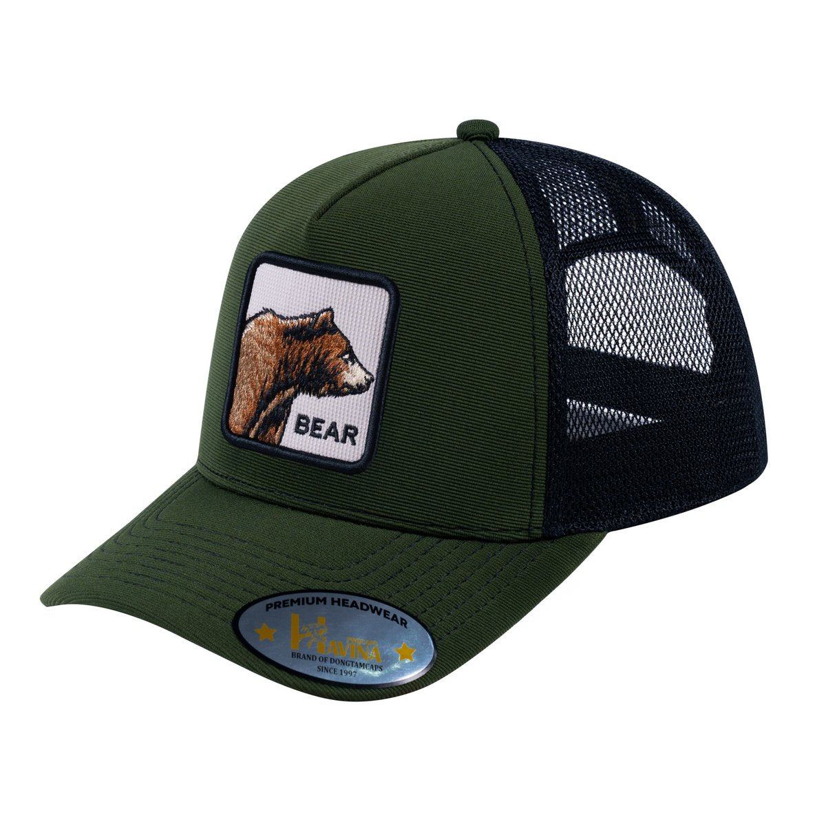 Unisex V2 Embroidered The Bear, 5-Panel Trucker Hat, Olive/Black, Adjustable Fit