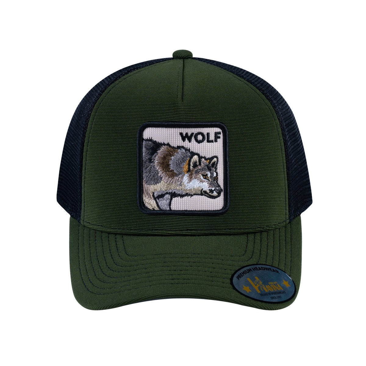 Unisex V2 Embroidered The Wolf, 5-Panel Trucker Hat, Olive/Black, Adjustable Fit