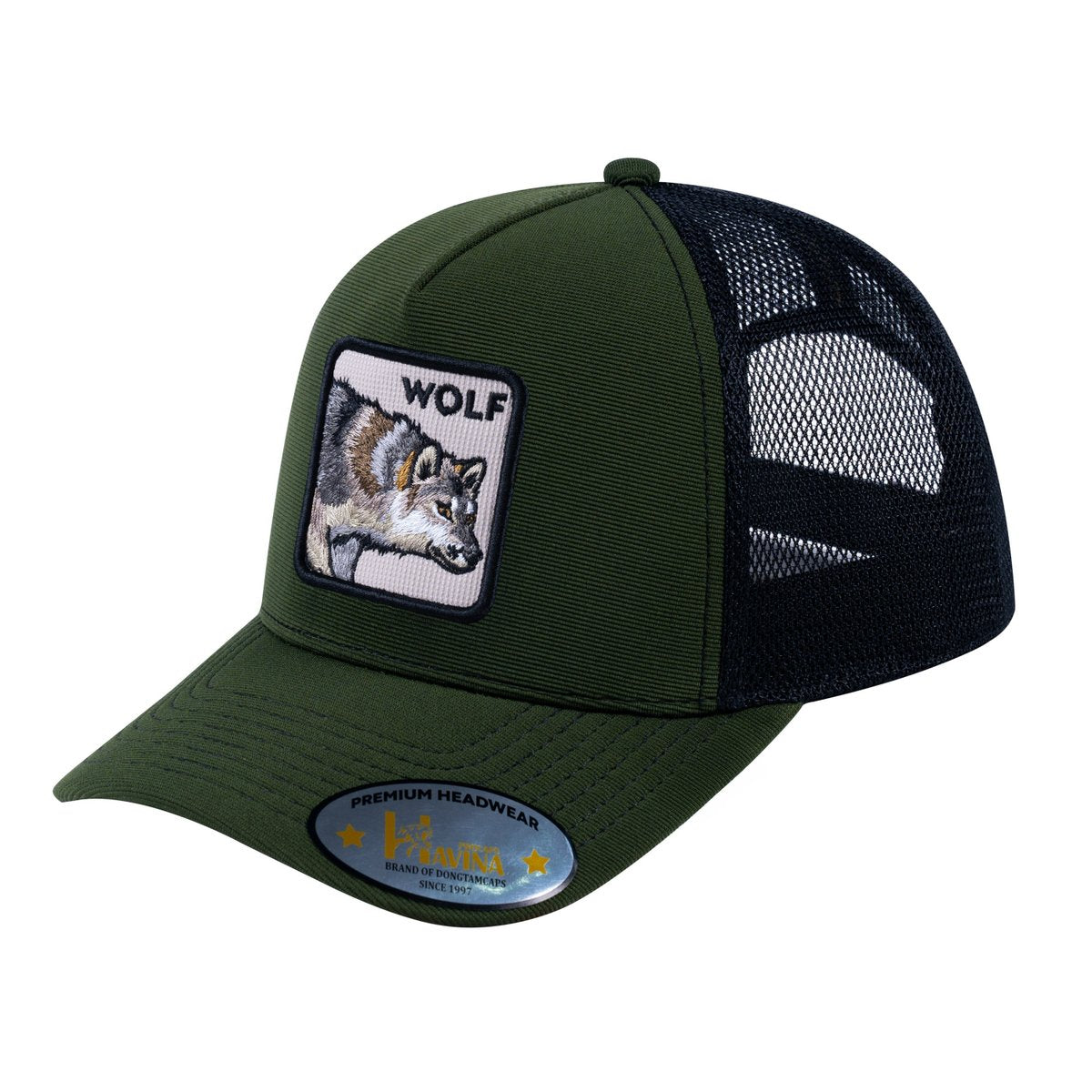 Unisex V2 Embroidered The Wolf, 5-Panel Trucker Hat, Olive/Black, Adjustable Fit