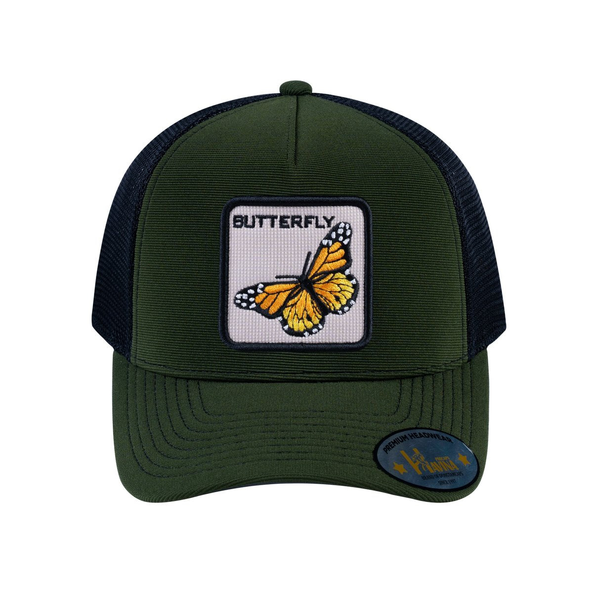 Unisex V2 Embroidered The Butterfly, 5-Panel Trucker Hat, Olive/Black, Adjustable Fit