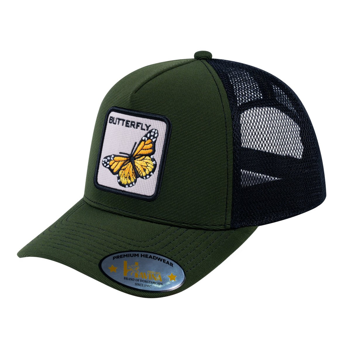 Unisex V2 Embroidered The Butterfly, 5-Panel Trucker Hat, Olive/Black, Adjustable Fit